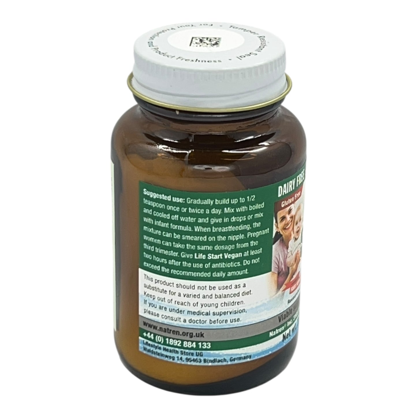 Natren Life Start vegan probiotic powder for babies bottle suggested use